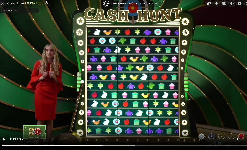 Bonus Cash Hunt di Crazy Time: griglia di tiro con 108 simboli mescolati che nascondono moltiplicatori